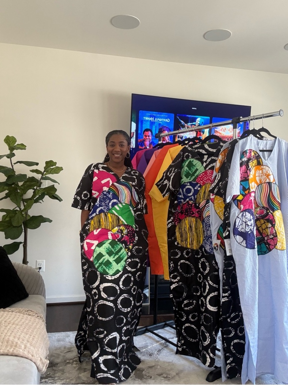 African Tie-Dye Maxi Dress with Colorful Circle Patchwork